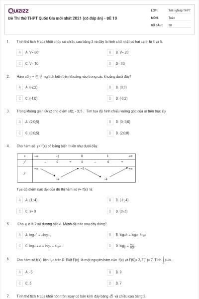 Đề Thi thử THPT Quốc Gia mới nhất 2021 (có đáp án) - ĐỀ 10
