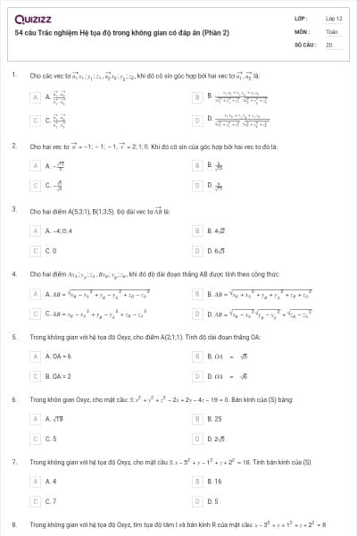 54 câu Trắc nghiệm Hệ tọa độ trong không gian có đáp án (Phần 2)