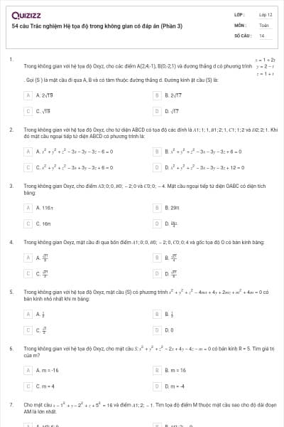 54 câu Trắc nghiệm Hệ tọa độ trong không gian có đáp án (Phần 3)