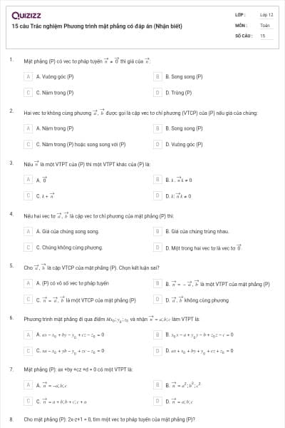 15 câu Trắc nghiệm Phương trình mặt phẳng có đáp án (Nhận biết)