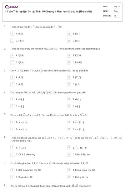 10 câu Trắc nghiệm Ôn tập Toán 10 Chương 1 Hình học có đáp án (Nhận biết)