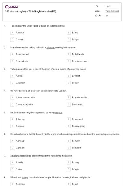 100 câu trắc nghiệm Từ trái nghĩa cơ bản (P3)
