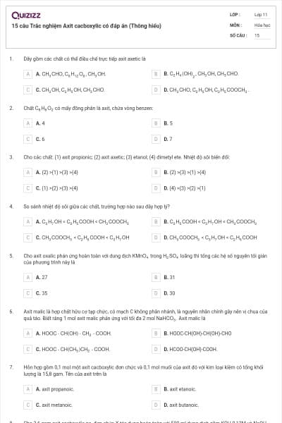 15 câu Trắc nghiệm Axit cacboxylic có đáp án (Thông hiểu)