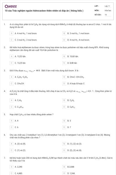 10 câu Trắc nghiệm nguồn hidrocacbon thiên nhiên có đáp án ( thông hiểu )