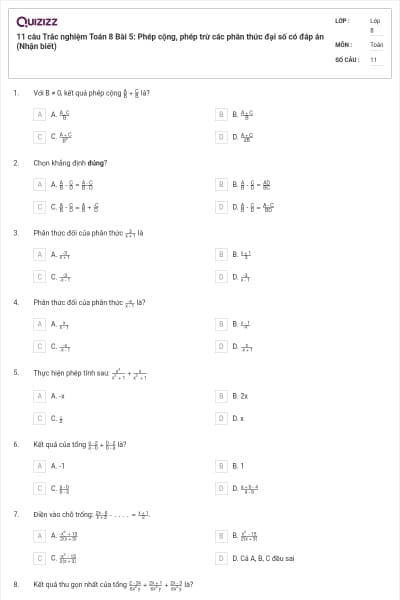 11 câu Trắc nghiệm Toán 8 Bài 5: Phép cộng, phép trừ các phân thức đại số có đáp án (Nhận biết)