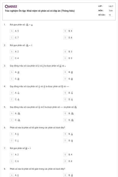 Trắc nghiệm Ôn tập: Khái niệm về phân số có đáp án (Thông hiểu)