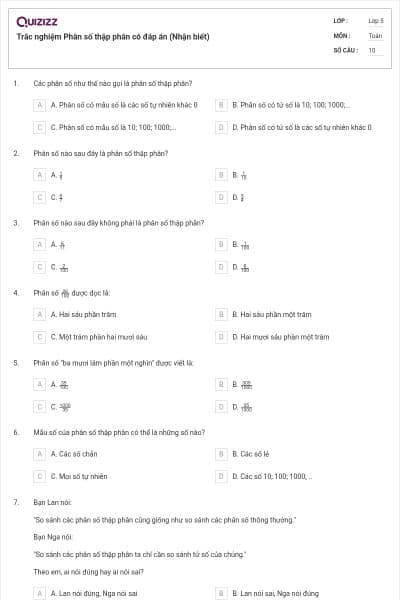Trắc nghiệm Phân số thập phân có đáp án (Nhận biết)