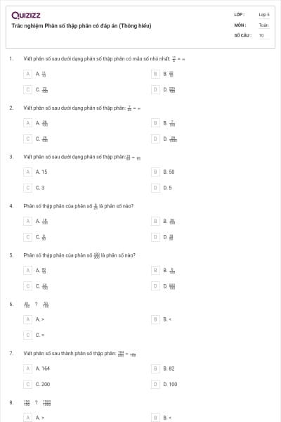 Trắc nghiệm Phân số thập phân có đáp án (Thông hiểu)