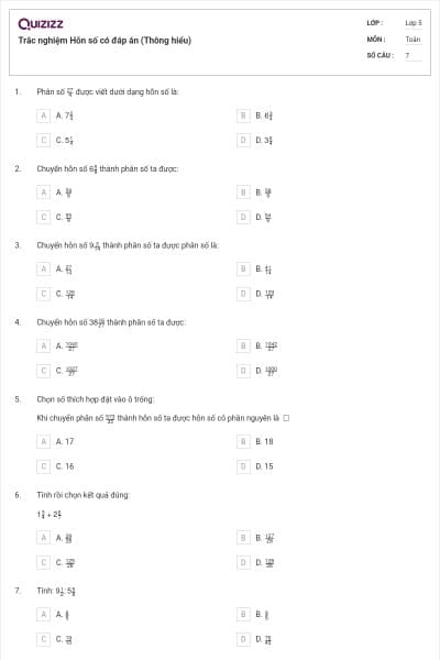 Trắc nghiệm Hỗn số có đáp án (Thông hiểu)