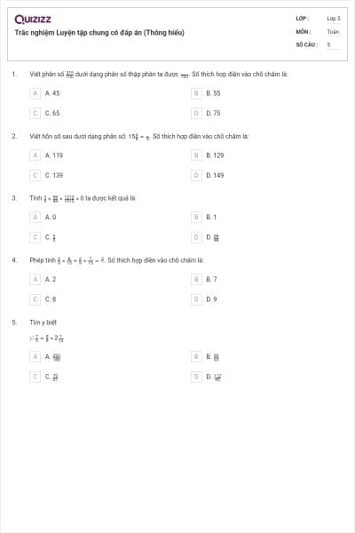 Trắc nghiệm Luyện tập chung có đáp án (Thông hiểu)