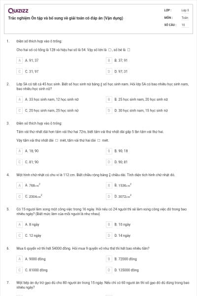 Trắc nghiệm Ôn tập và bổ sung về giải toán có đáp án (Vận dụng)