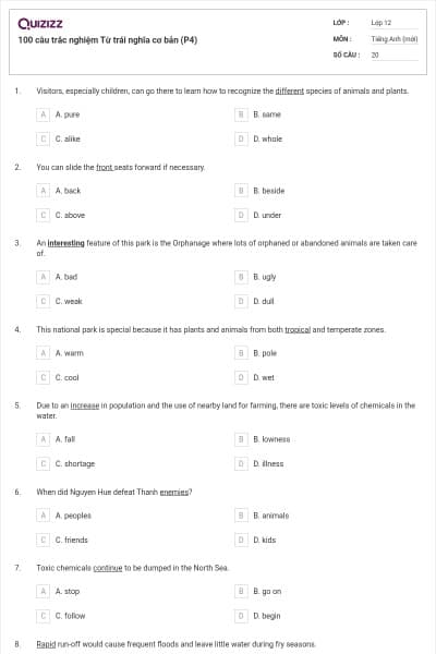 100 câu trắc nghiệm Từ trái nghĩa cơ bản (P4)