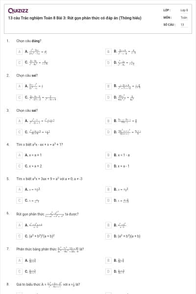 13 câu Trắc nghiệm Toán 8 Bài 3: Rút gọn phân thức có đáp án (Thông hiểu)