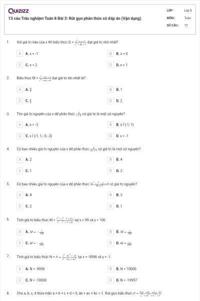 13 câu Trắc nghiệm Toán 8 Bài 3: Rút gọn phân thức có đáp án (Vận dụng)