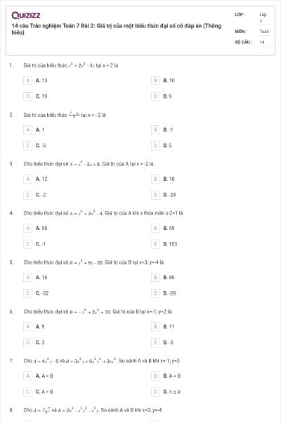 14 câu Trắc nghiệm Toán 7 Bài 2: Giá trị của một biểu thức đại số có đáp án (Thông hiểu)