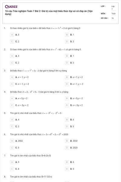 16 câu Trắc nghiệm Toán 7 Bài 2: Giá trị của một biểu thức đại số có đáp án (Vận dụng)