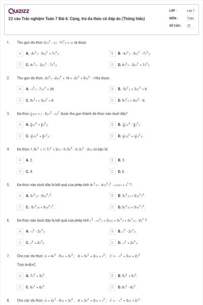 22 câu Trắc nghiệm Toán 7 Bài 6: Cộng, trừ đa thức có đáp án (Thông hiểu)