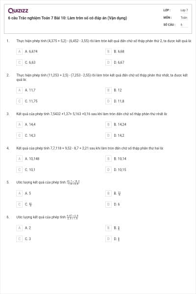6 câu Trắc nghiệm Toán 7 Bài 10: Làm tròn số có đáp án (Vận dụng)