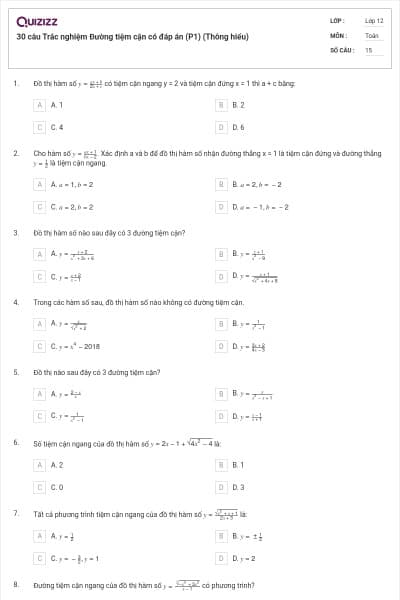 30 câu Trắc nghiệm Đường tiệm cận có đáp án (P1) (Thông hiểu)