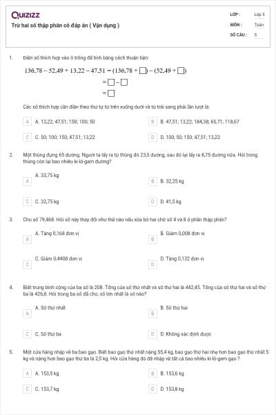 Trừ hai số thập phân có đáp án ( Vận dụng )