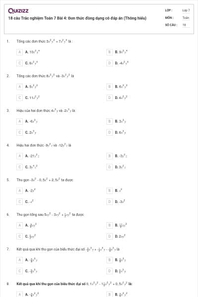 18 câu Trắc nghiệm Toán 7 Bài 4: Đơn thức đồng dạng có đáp án (Thông hiểu)