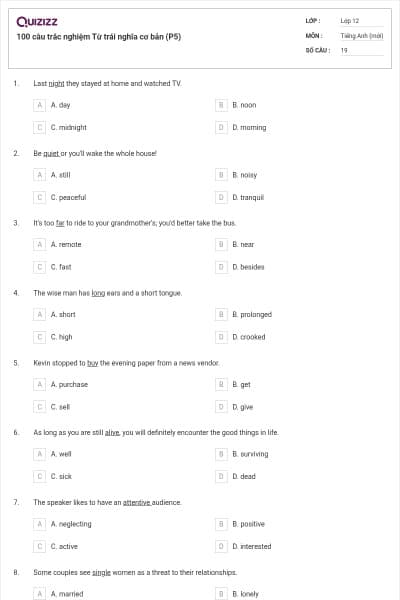100 câu trắc nghiệm Từ trái nghĩa cơ bản (P5)