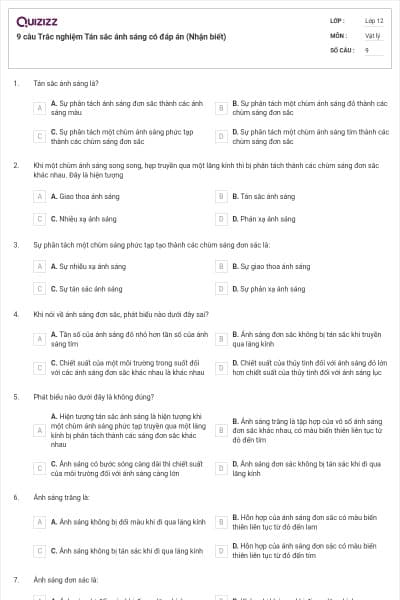 9 câu Trắc nghiệm Tán sắc ánh sáng có đáp án (Nhận biết)