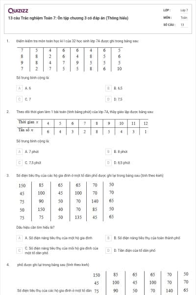 13 câu Trắc nghiệm Toán 7: Ôn tập chương 3 có đáp án (Thông hiểu)