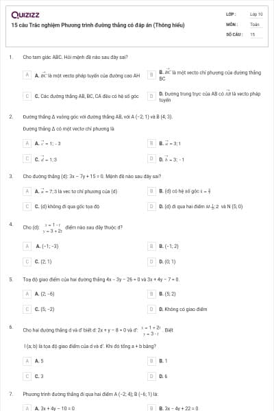 15 câu Trắc nghiệm Phương trình đường thẳng có đáp án (Thông hiểu)