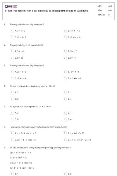 11 câu Trắc nghiệm Toán 8 Bài 1: Mở đầu về phương trình có đáp án (Vận dụng)