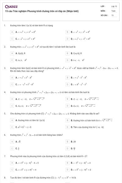 15 câu  Trắc nghiệm Phương trình đường tròn có đáp án (Nhận biết)