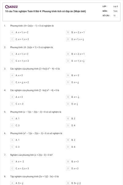 10 câu Trắc nghiệm Toán 8 Bài 4: Phương trình tích có đáp án (Nhận biết)