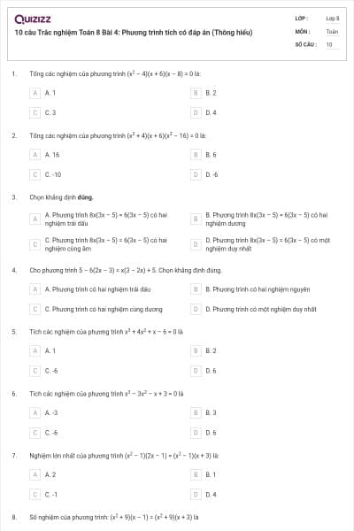 10 câu Trắc nghiệm Toán 8 Bài 4: Phương trình tích có đáp án (Thông hiểu)