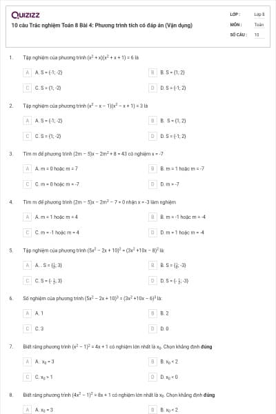 10 câu Trắc nghiệm Toán 8 Bài 4: Phương trình tích có đáp án (Vận dụng)