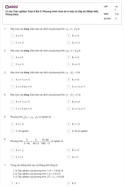 12 câu Trắc nghiệm Toán 8 Bài 5: Phương trình chứa ẩn ở mẫu có đáp án (Nhận biết, Thông hiểu)