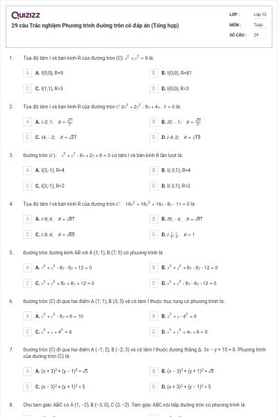 29 câu Trắc nghiệm Phương trình đường tròn có đáp án (Tổng hợp)