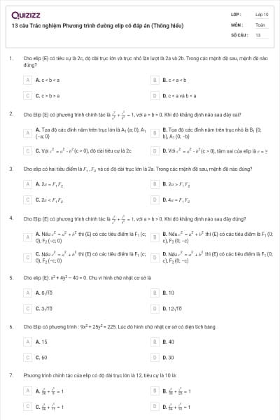 13 câu  Trắc nghiệm Phương trình đường elip có đáp án (Thông hiểu)