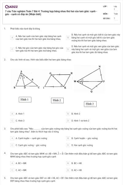 7 câu Trắc nghiệm Toán 7 Bài 4: Trường hợp bằng nhau thứ hai của tam giác: cạnh - góc - cạnh có đáp án (Nhận biết)