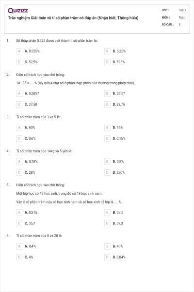Trắc nghiệm Giải toán về tỉ số phần trăm có đáp án (Nhận biết, Thông hiểu)