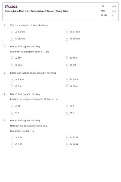 Trắc nghiệm Hình tròn. Đường tròn có đáp án (Thông hiểu)