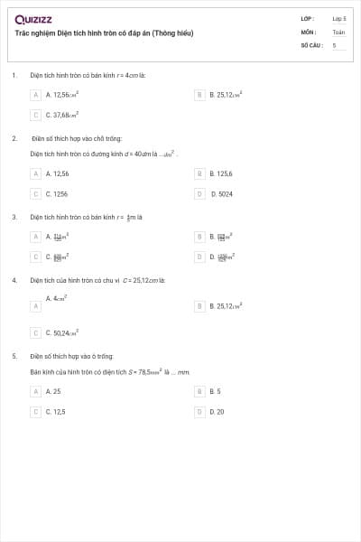 Trắc nghiệm Diện tích hình tròn có đáp án (Thông hiểu)