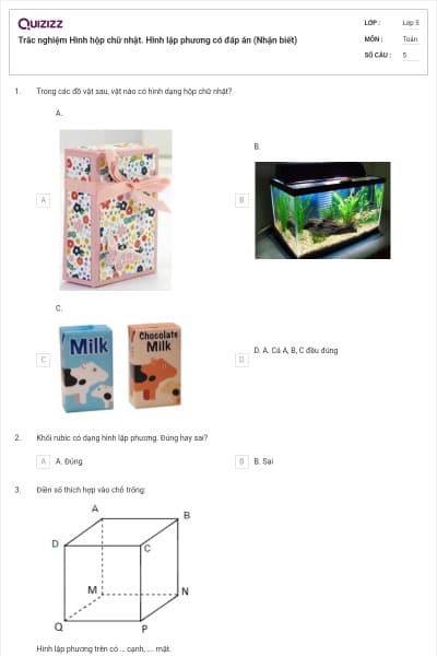 Trắc nghiệm Hình hộp chữ nhật. Hình lập phương có đáp án (Nhận biết)