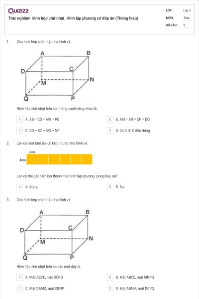 Trắc nghiệm Hình hộp chữ nhật. Hình lập phương có đáp án (Thông hiểu)