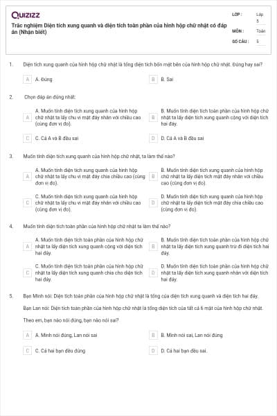 Trắc nghiệm Diện tích xung quanh và diện tích toàn phần của hình hộp chữ nhật có đáp án (Nhận biết)