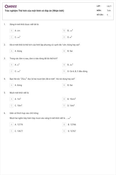 Trắc nghiệm Thể tích của một hình có đáp án (Nhận biết)