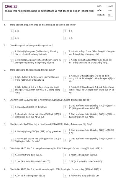 15 câu Trắc nghiệm Đại cương về đường thẳng và mặt phẳng có đáp án (Thông hiểu)