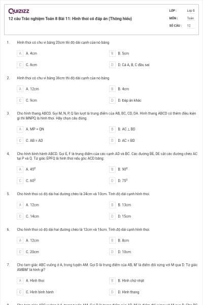 12 câu Trắc nghiệm Toán 8 Bài 11: Hình thoi có đáp án (Thông hiểu)