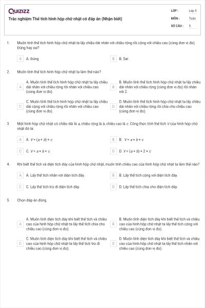 Trắc nghiệm Thể tích hình hộp chữ nhật có đáp án (Nhận biết)