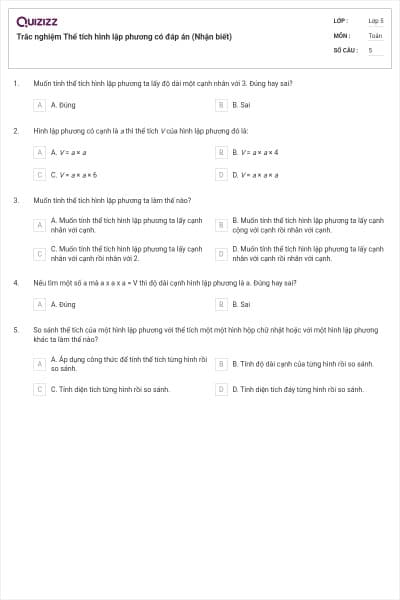 Trắc nghiệm Thể tích hình lập phương có đáp án (Nhận biết)