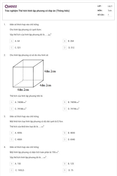 Trắc nghiệm Thể tích hình lập phương có đáp án (Thông hiểu)